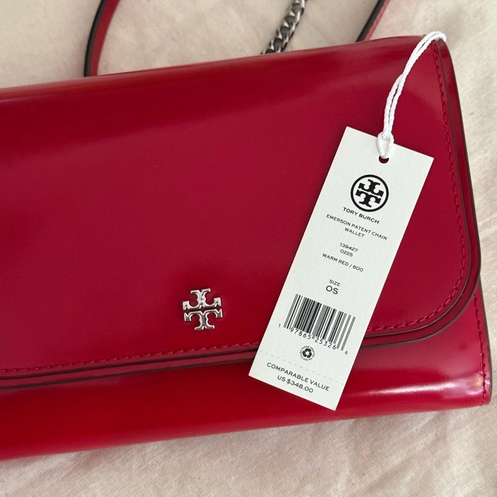 NWT  Tory Burch Red Emerson Patent Chain Wallet